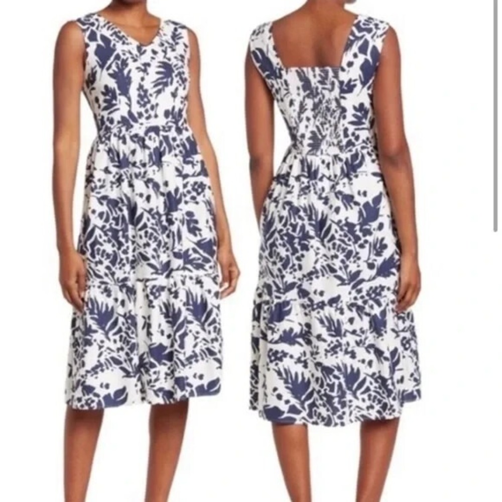 Magaschoni Linen Blend Midi Dress Size 12 Blue White Floral Fit & Flare NWT